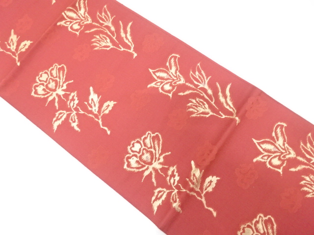 JAPANESE KIMONO / ANTIQUE NAGOYA OBI / SILK / WOVEN FLORAL PLANTS